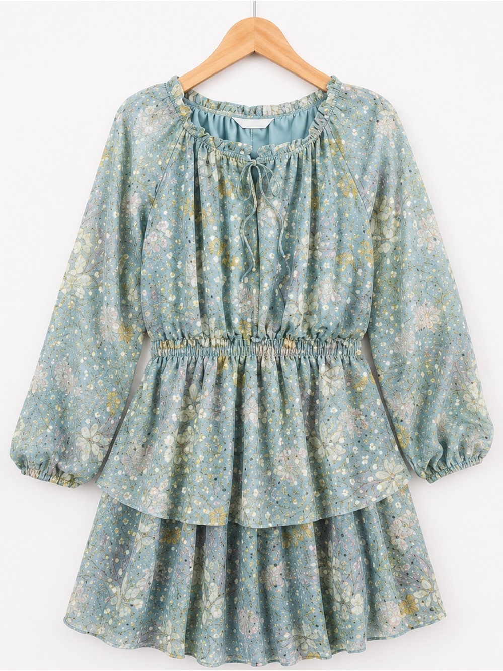 LC Lauren Conrad Blue Gold Floral Shimmer Dress XS Boho Tiered Mini Sheer Sleeve